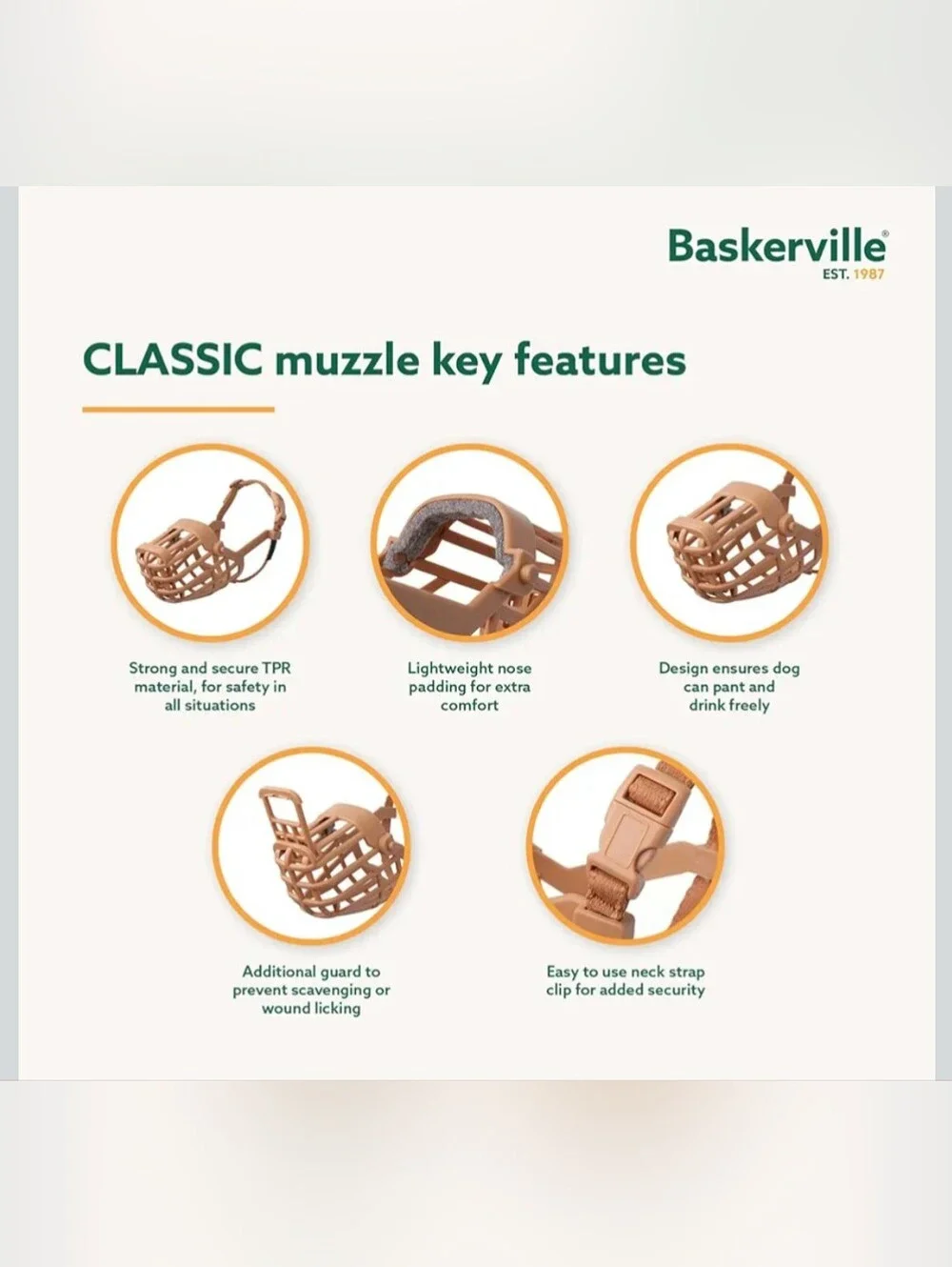 Baskerville Brand - Tan Classic Soft TPR Basket Muzzle for Dogs - Size 6